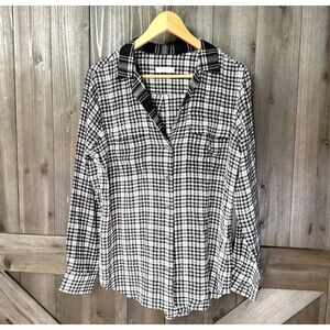 Equipment Femme Plaid 100% Silk Button Up Black White Shirt Long Sleeve Collared